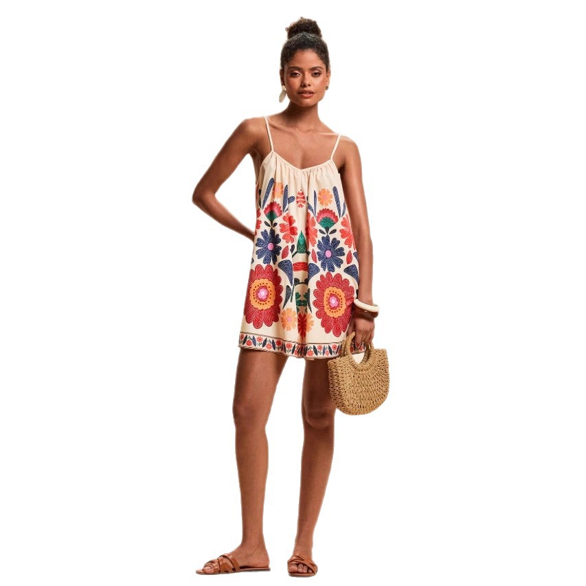 Resort-style Casual Loose-fitting Plant-floral Strap Jumpsuit