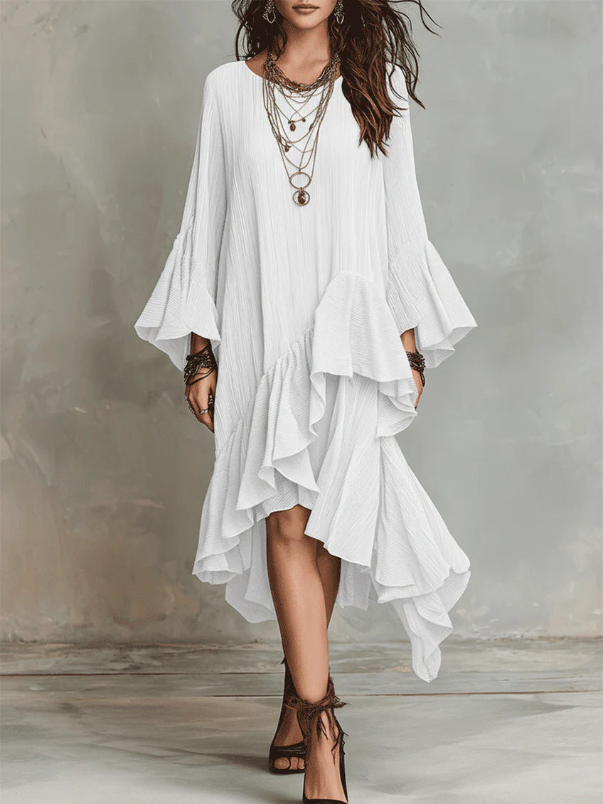 Solid-color Elegant Asymmetrical Ruffled Dress