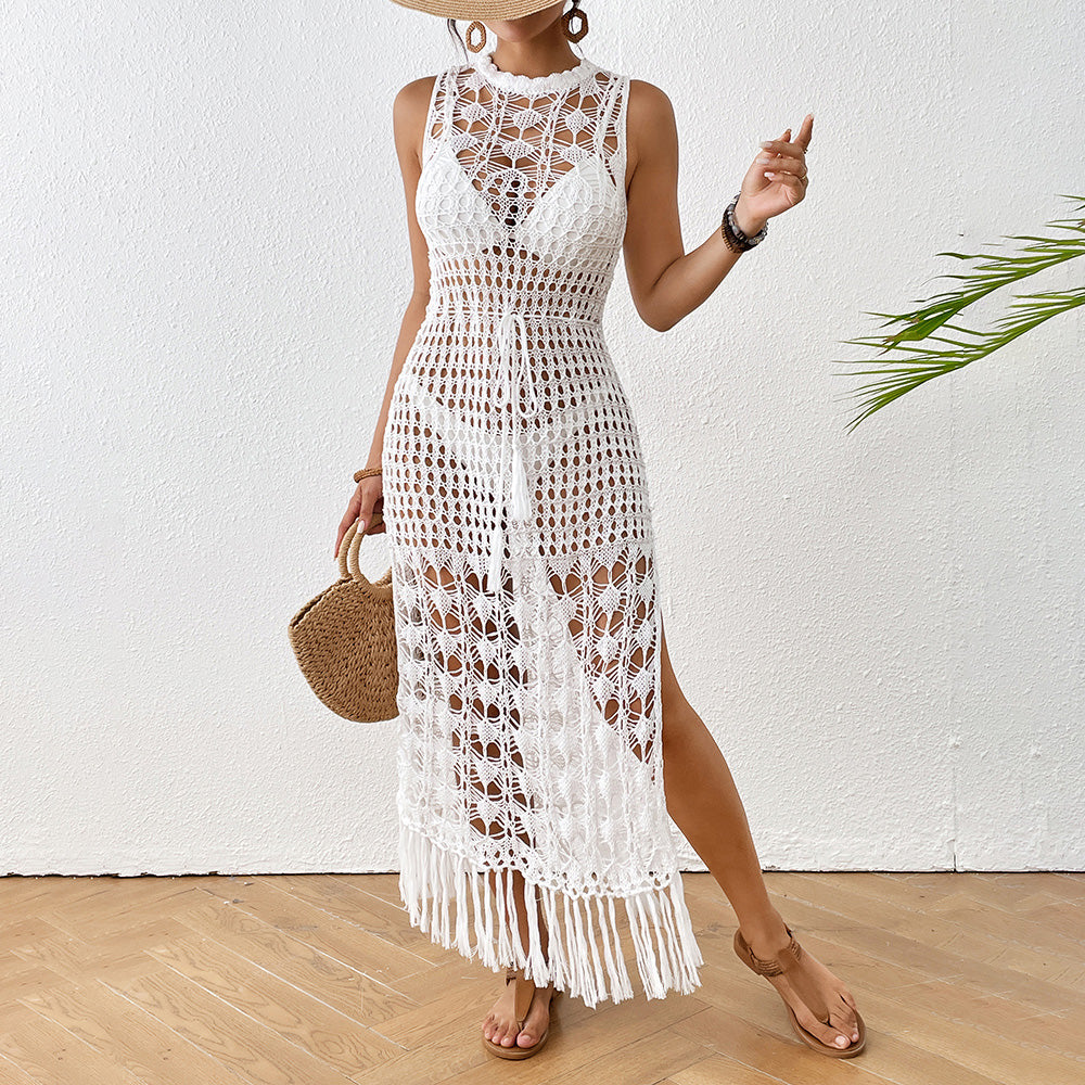 Tassel Maxi Dress Hollow Floral Skirt Waist Tie Crochet Long Dress Beach…