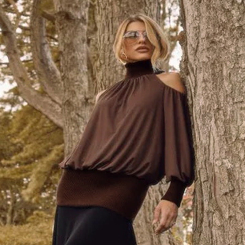 Autumn Women's Off-shoulder High-neck Sheer Mesh Long-sleeve Versatile Top