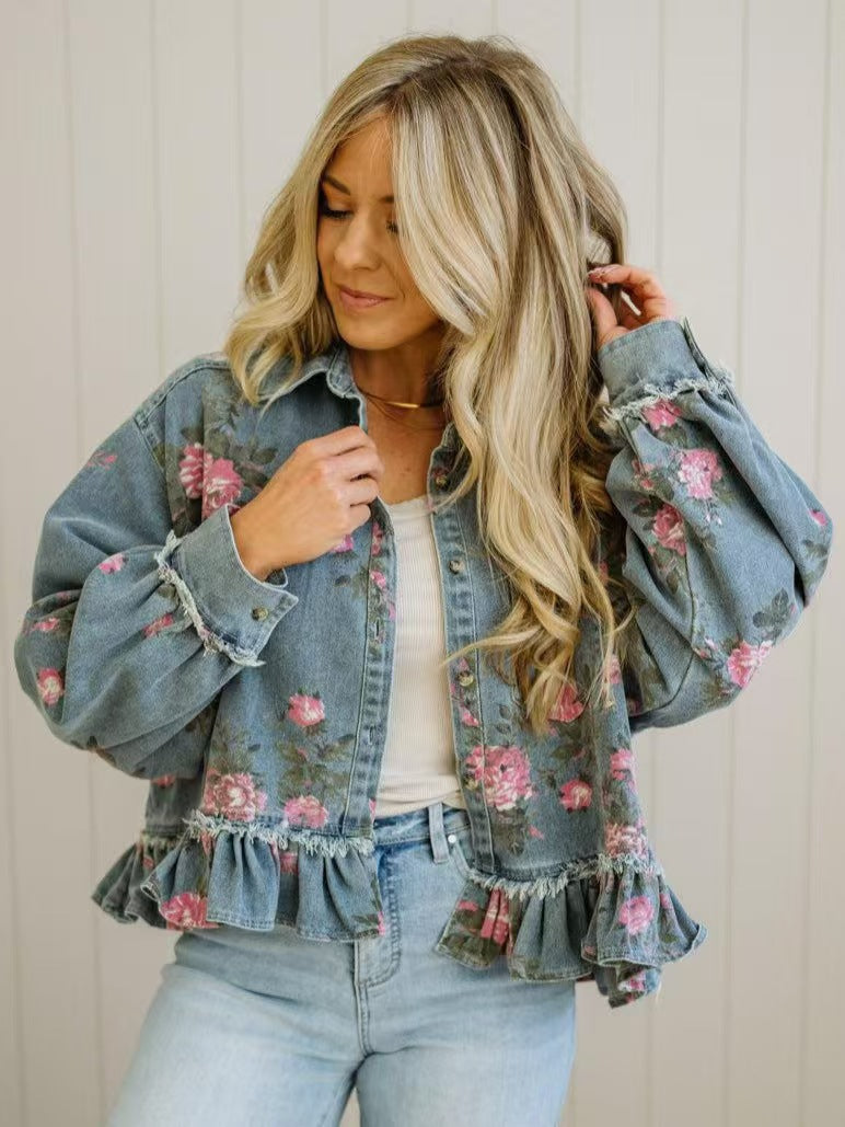 Vintage Washed Denim Jacket Floral Print Loose-Fit Long-Sleeve Shirt