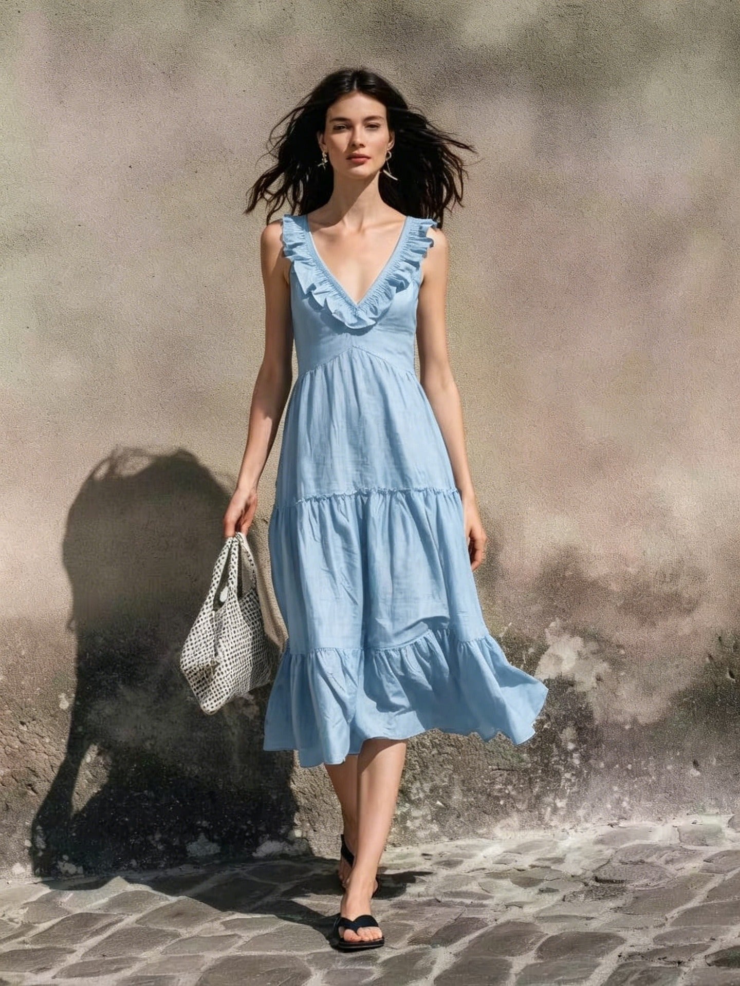 V-neck Ruffled High-waisted Figure-flattering Midi Dress