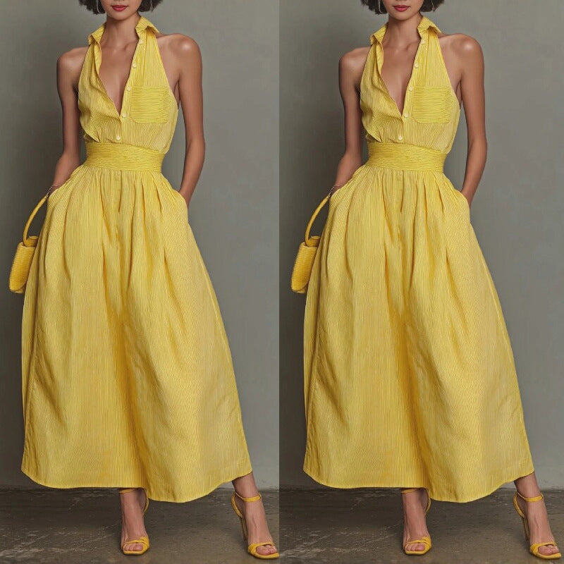 Yellow-striped V-neck Waist-cinched Sleeveless Dress That The