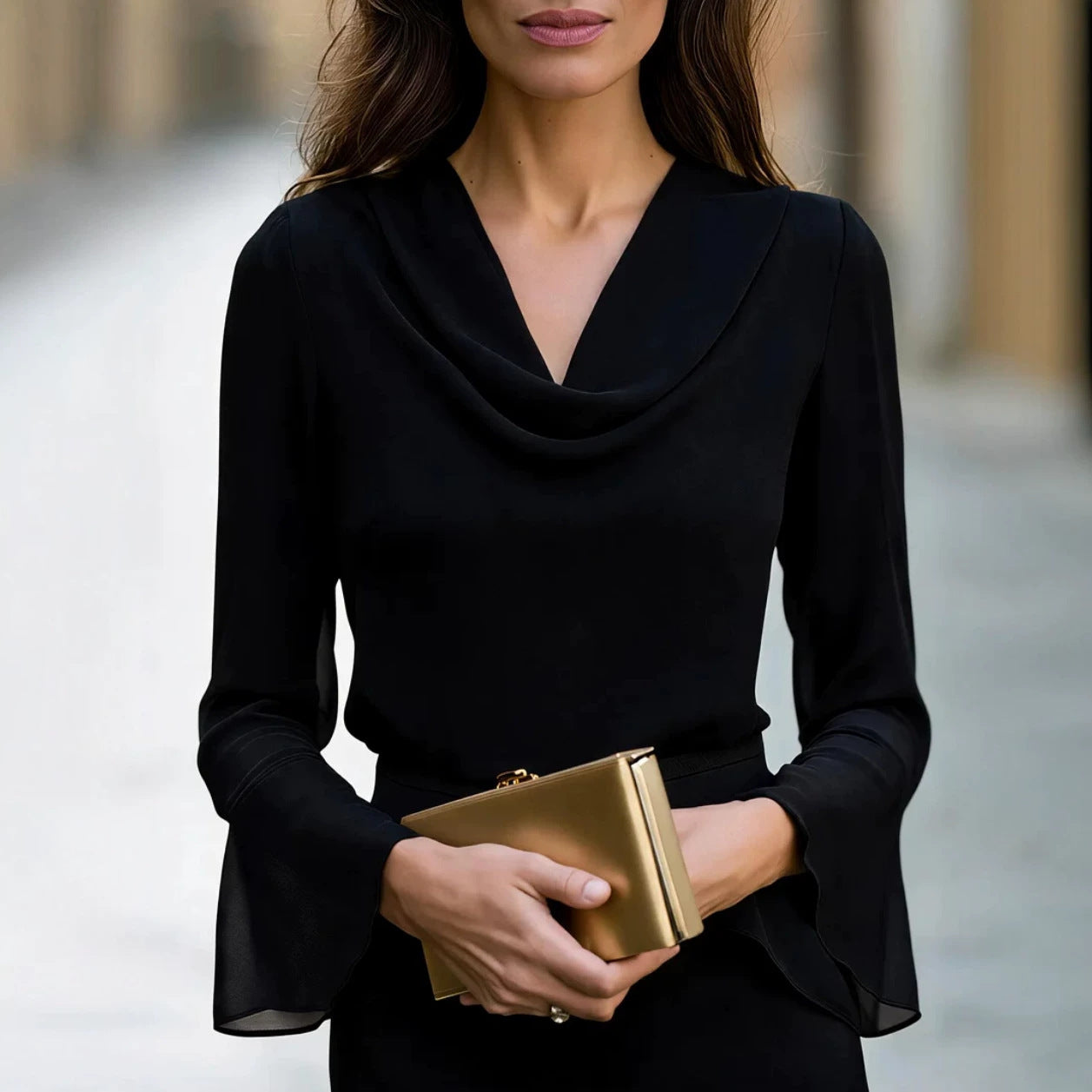 Ruffled V-neck Flared Long-sleeve Top