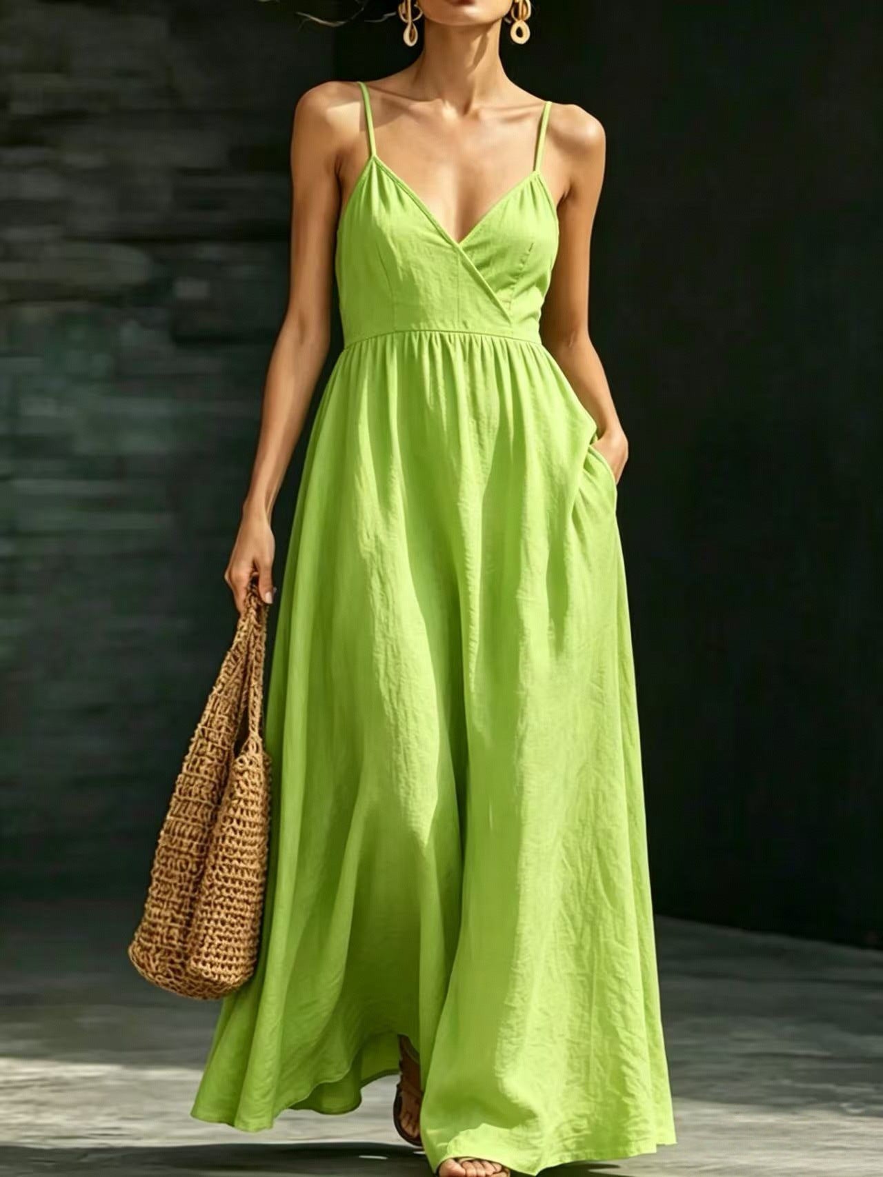 V-neck Pocketed Strap Backless Dress