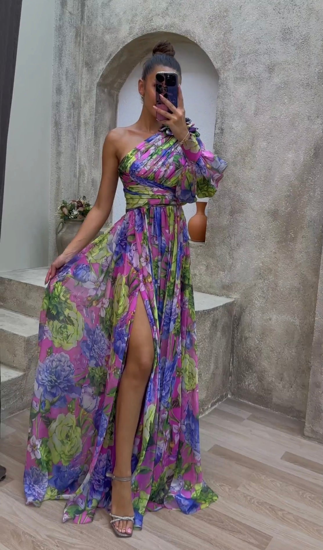 Floral One Shoulder Long-sleeved Dress