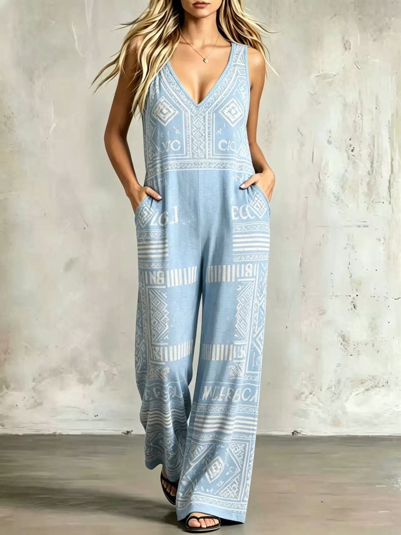 Printed Sleeveless Loose-fit Wide-leg Jumpsuit