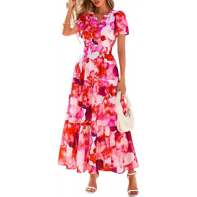 Retro Floral Short-Sleeve V-Neck Dress