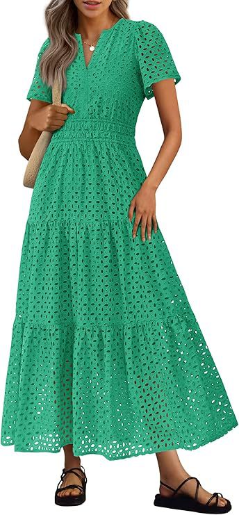 Short-Sleeve V-Neck Hollow-Out Dress