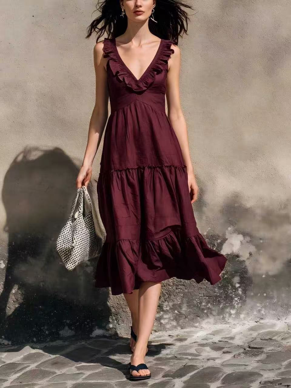 V-neck Ruffled High-waisted Figure-flattering Midi Dress