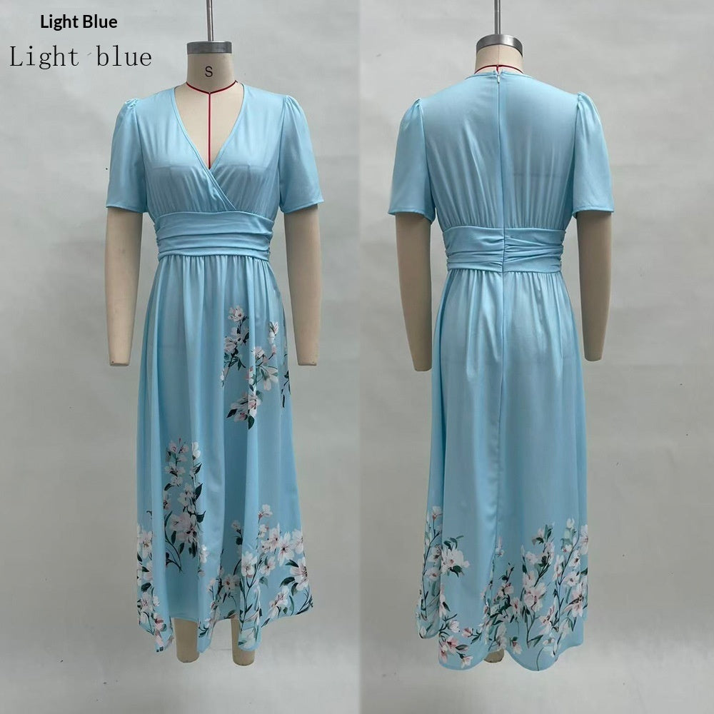 Digital-Print Floral Long-Sleeve V-Neck Pleated Dress