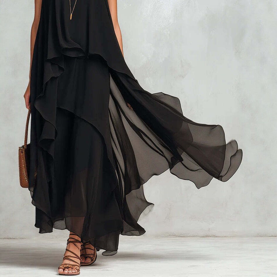 Black Sleeveless Asymmetrical Chiffon Maxi Elegant Flowing Women's Dress