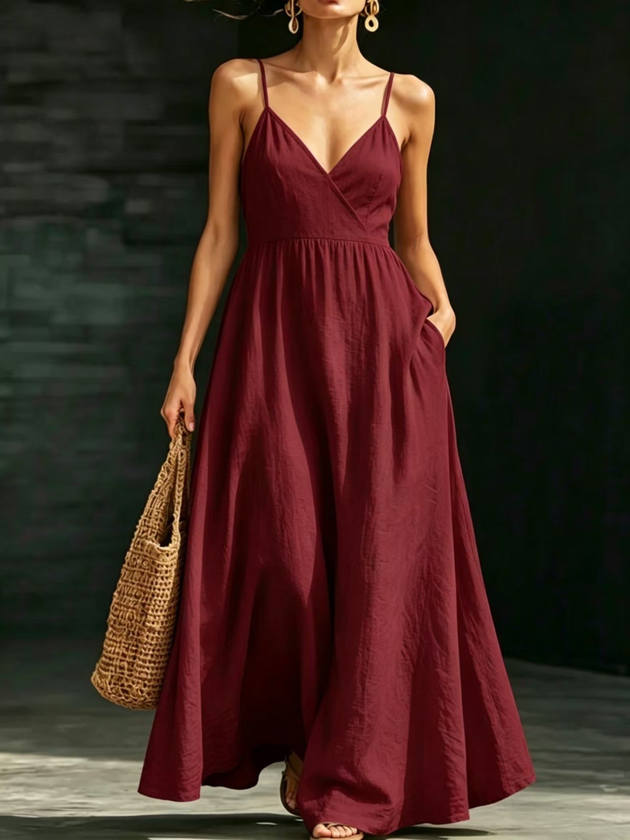 V-neck Pocketed Strap Backless Dress