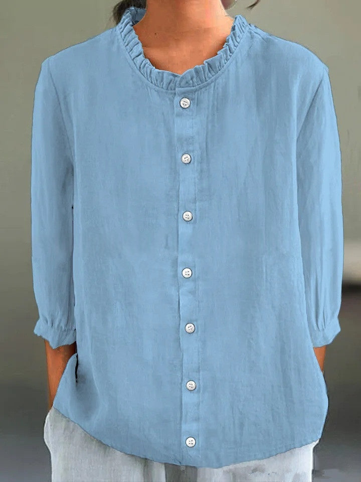 Casual Solid-Color Cotton-Linen Single-Breasted Shirt Set