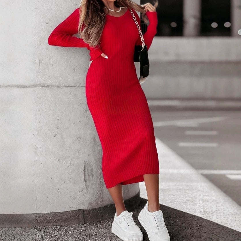 V-neck Long-sleeve Backless Sheath Dress