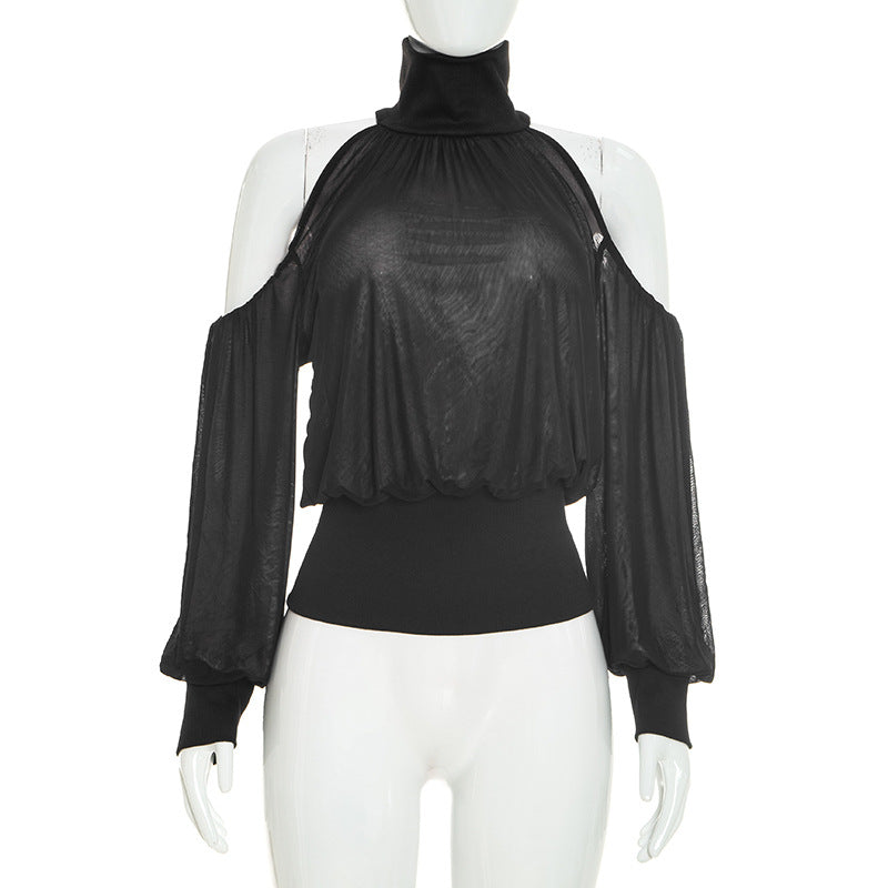 Autumn Women's Off-shoulder High-neck Sheer Mesh Long-sleeve Versatile Top
