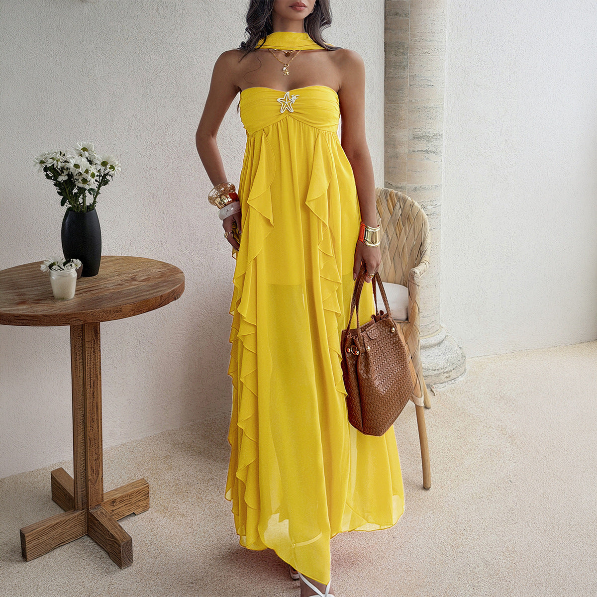 Boho-style Strapless Tiered Ruffle Dress