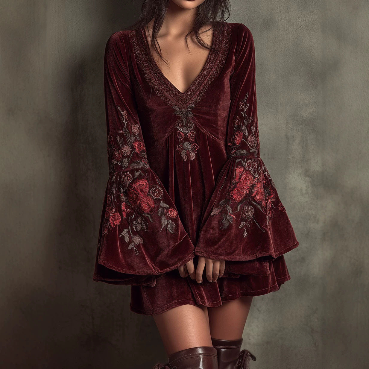 Bell-sleeved Burgundy Velvet Embroidered Mini Dress