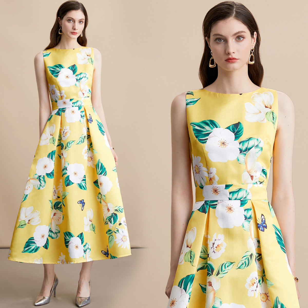 Celebrity-style Sleeveless Printed Waist-cinching Maxi Dress