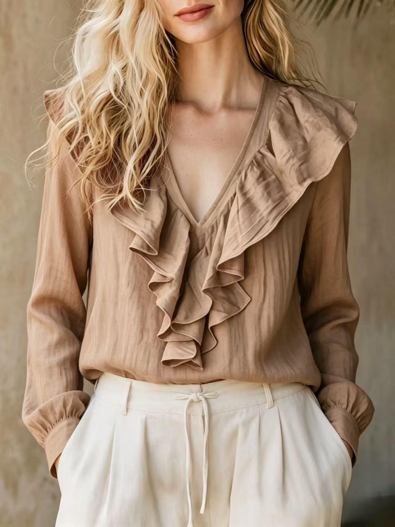 Lace-trimmed V-neck Linen French-style Long-sleeve Top