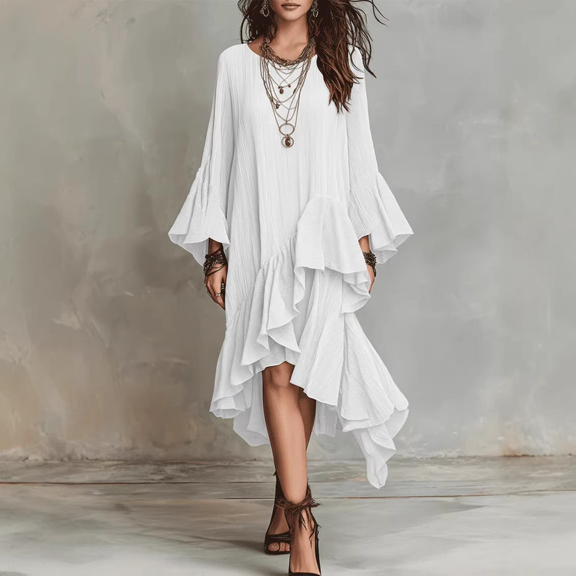 Solid-color Elegant Asymmetrical Ruffled Dress