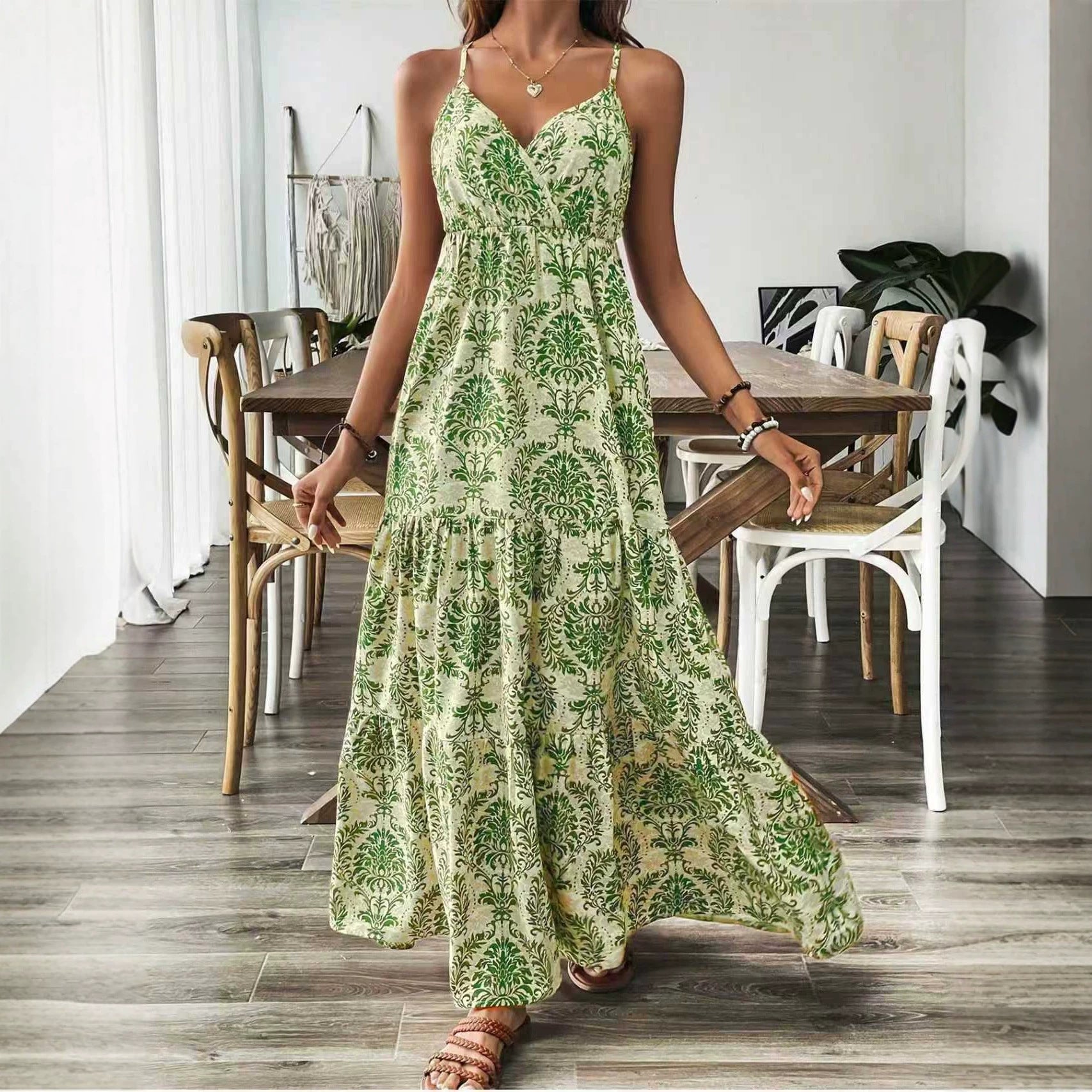 Retro V-neck Short-sleeve Printed Dress