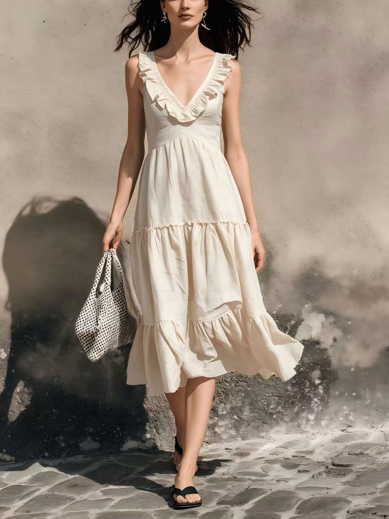 V-neck Ruffled High-waisted Figure-flattering Midi Dress