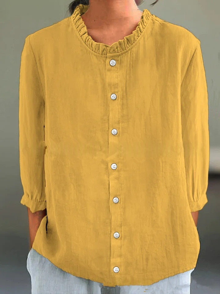 Casual Solid-Color Cotton-Linen Single-Breasted Shirt Set