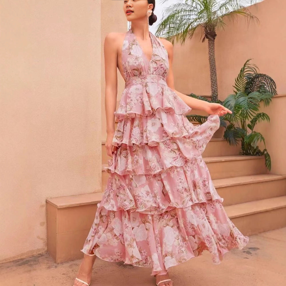V-neck Strap Multi-layer Printed Dress