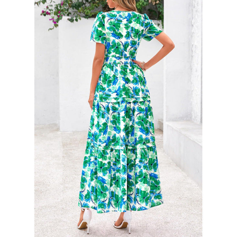 Retro Floral Short-Sleeve V-Neck Dress
