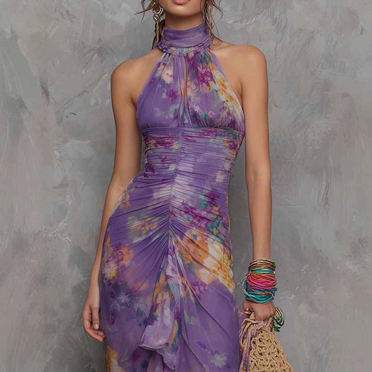 Casual Scoop-neck Low-cut Off-shoulder Colorful-printed Asymmetrical Wrap…