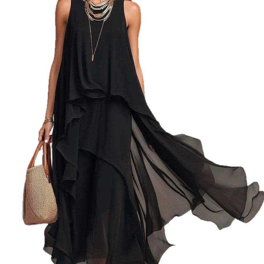 Black Sleeveless Asymmetrical Chiffon Maxi Elegant Flowing Women's Dress