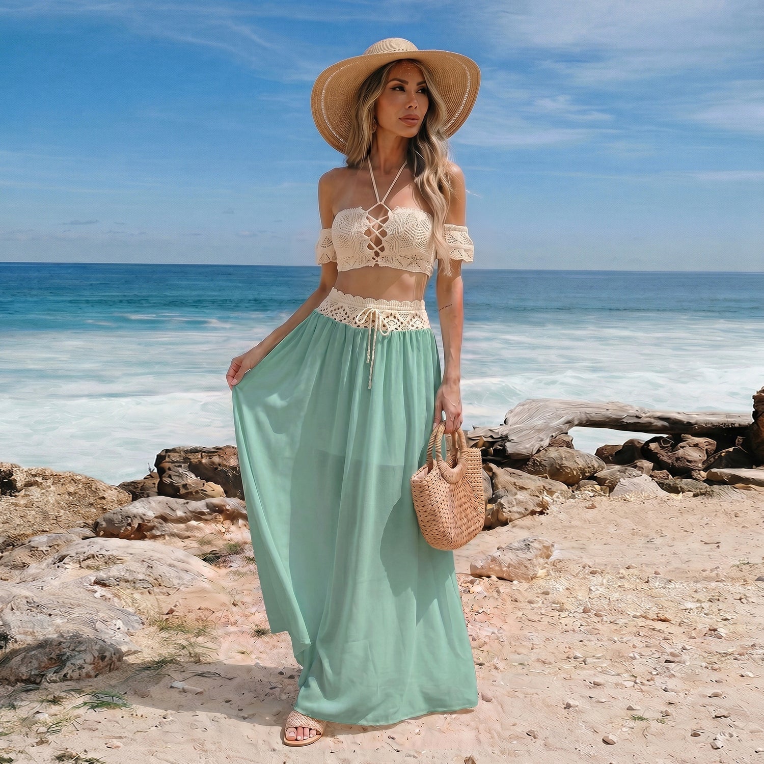2 Piece Outfit Reversible Long Chiffon Beach Dress