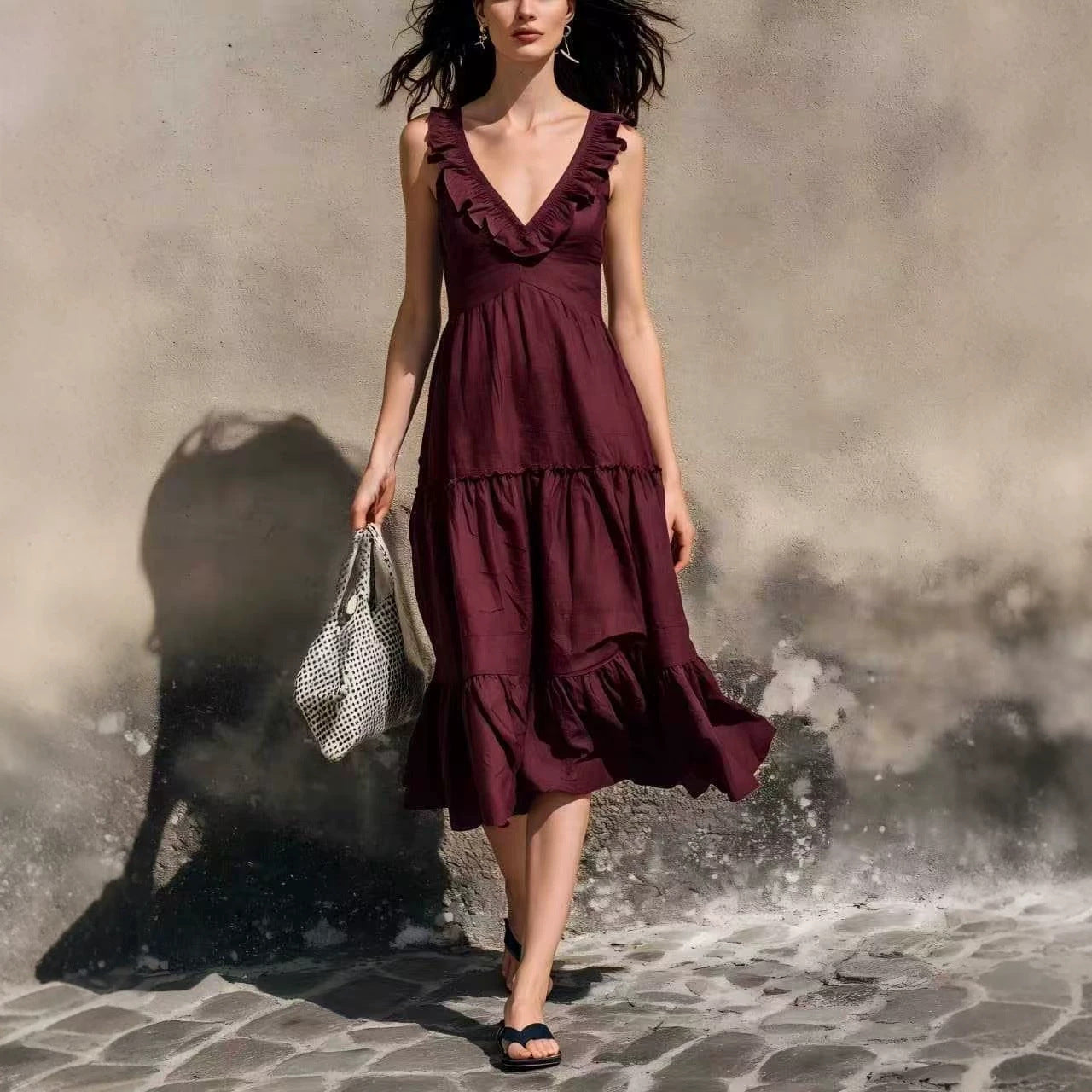 V-neck Ruffled High-waisted Figure-flattering Midi Dress