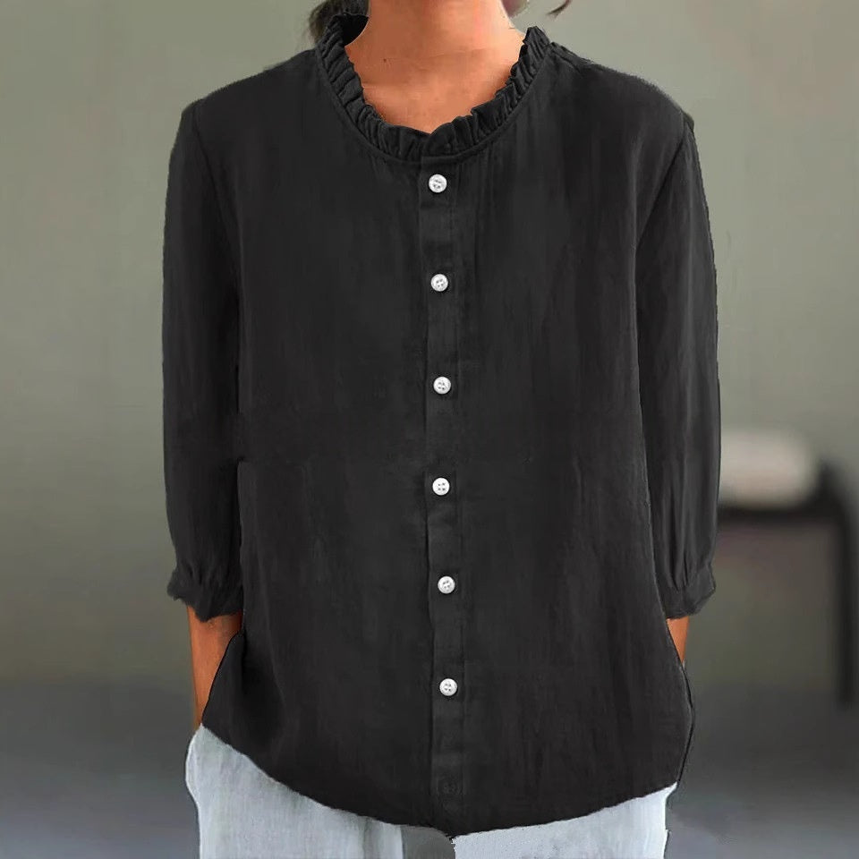Casual Solid-Color Cotton-Linen Single-Breasted Shirt Set