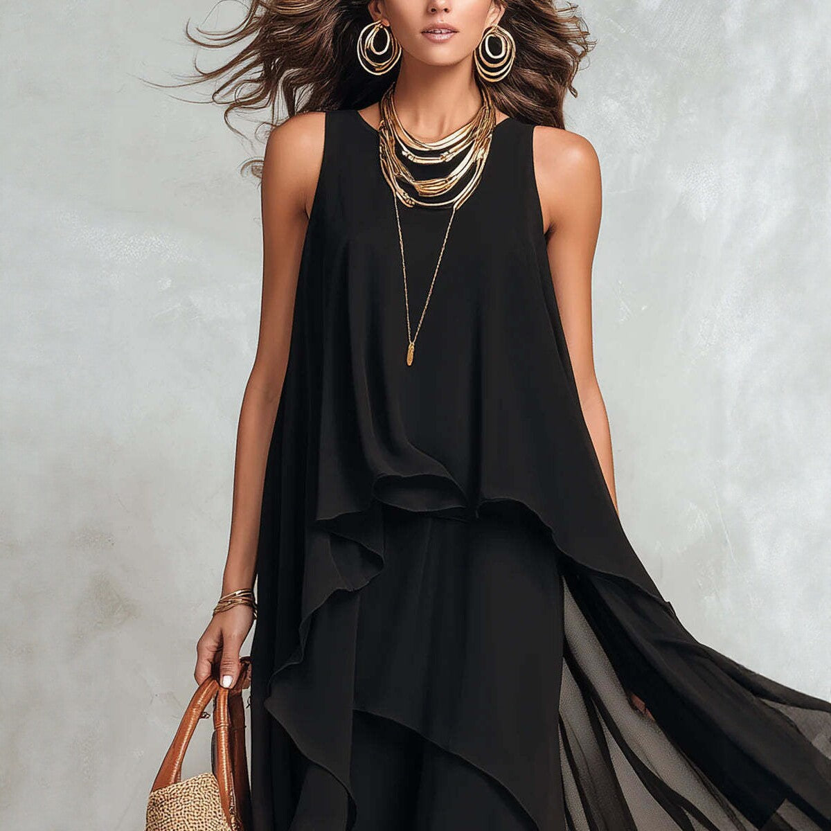 Black Sleeveless Asymmetrical Chiffon Maxi Elegant Flowing Women's Dress