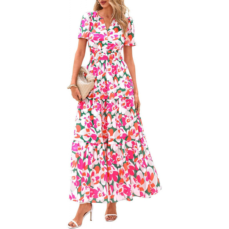 Retro Floral Short-Sleeve V-Neck Dress