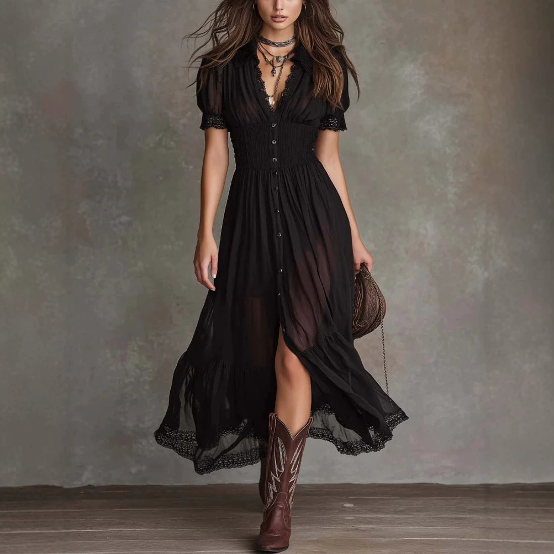 Fitted-waist Ruffled-edge Chic Dark-style V-neck Blouse Dress
