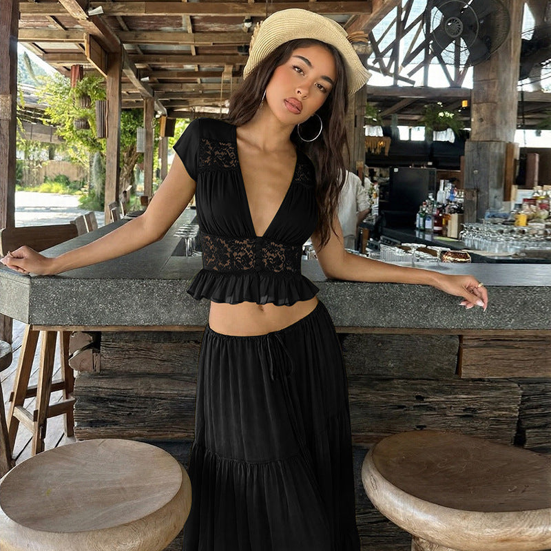 Lace Chiffon Cardigan T-shirt Loose Sheer Bandage Long Dress