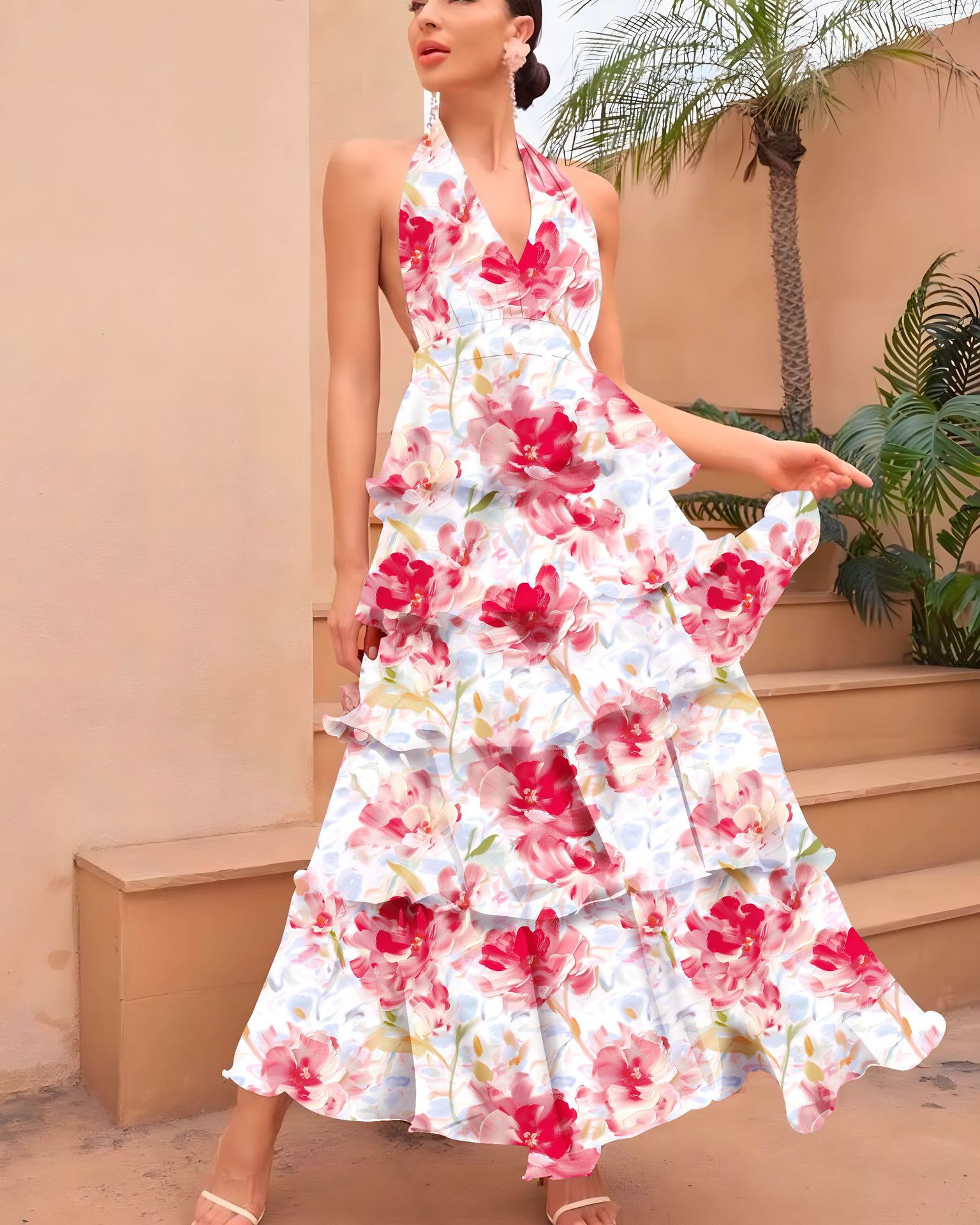 V-neck Strap Multi-layer Printed Dress
