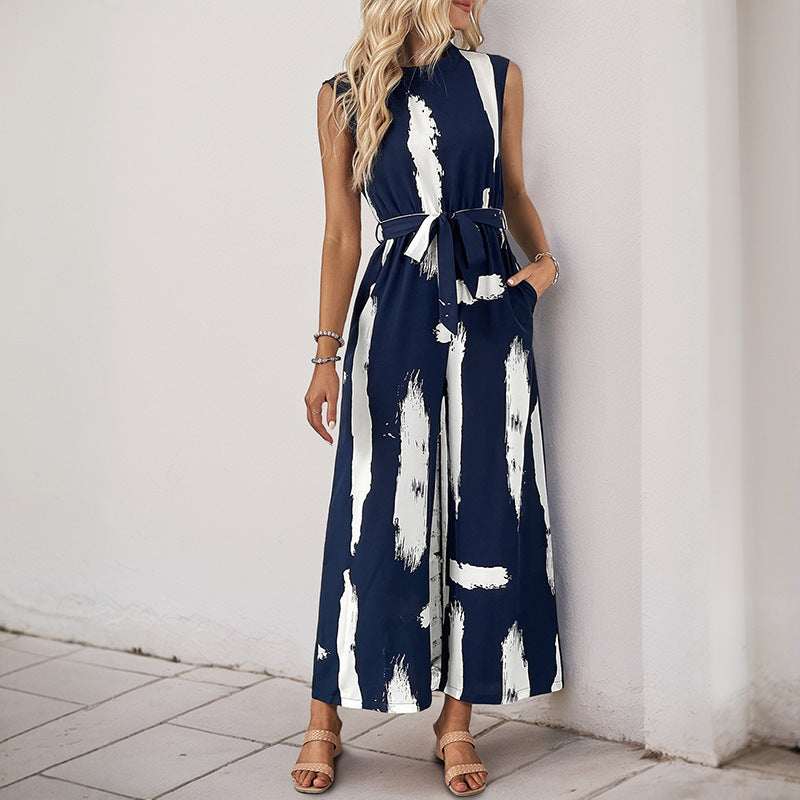 Resort-style Women's Sleeveless Printed Wide-leg Jumpsuit