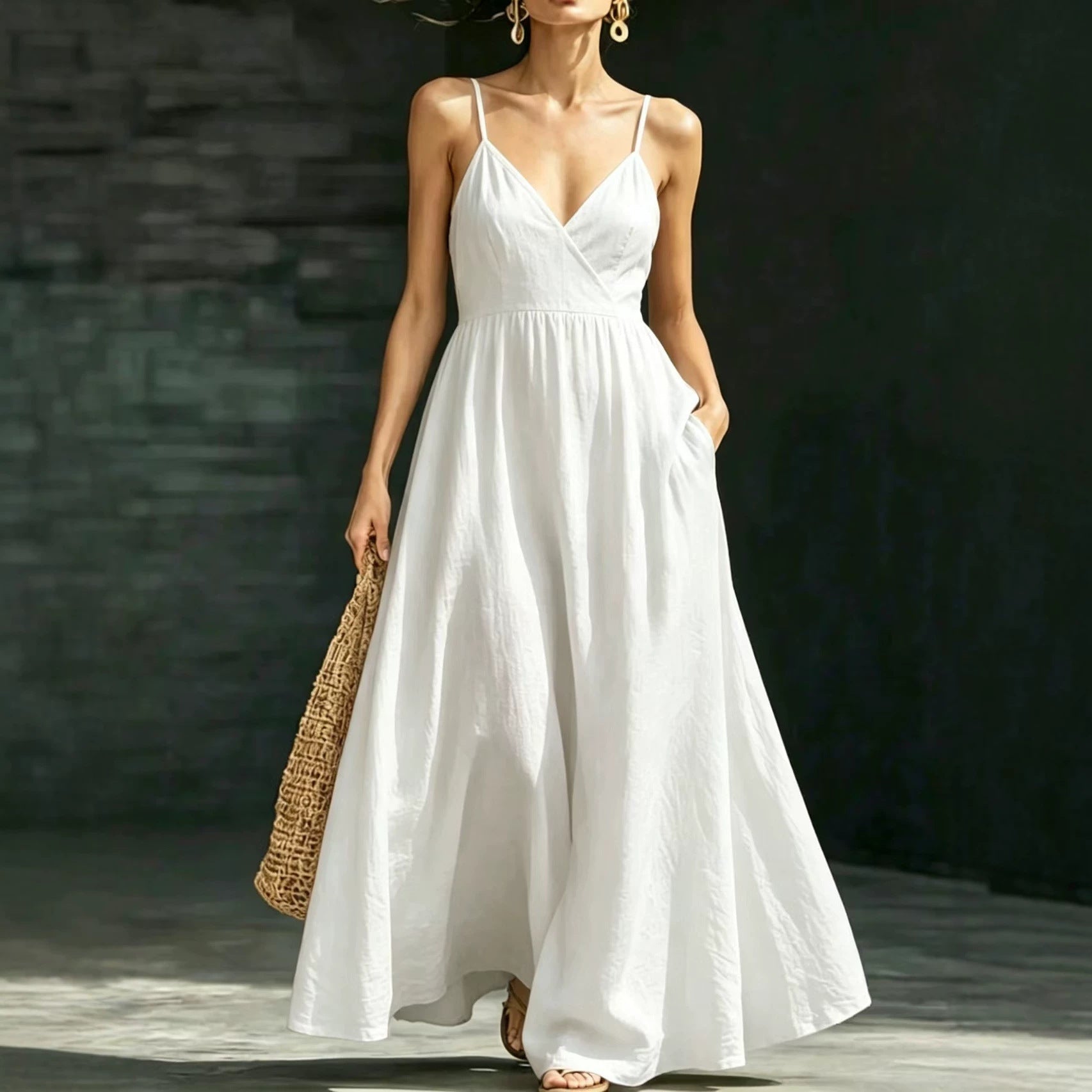V-neck Pocketed Strap Backless Dress