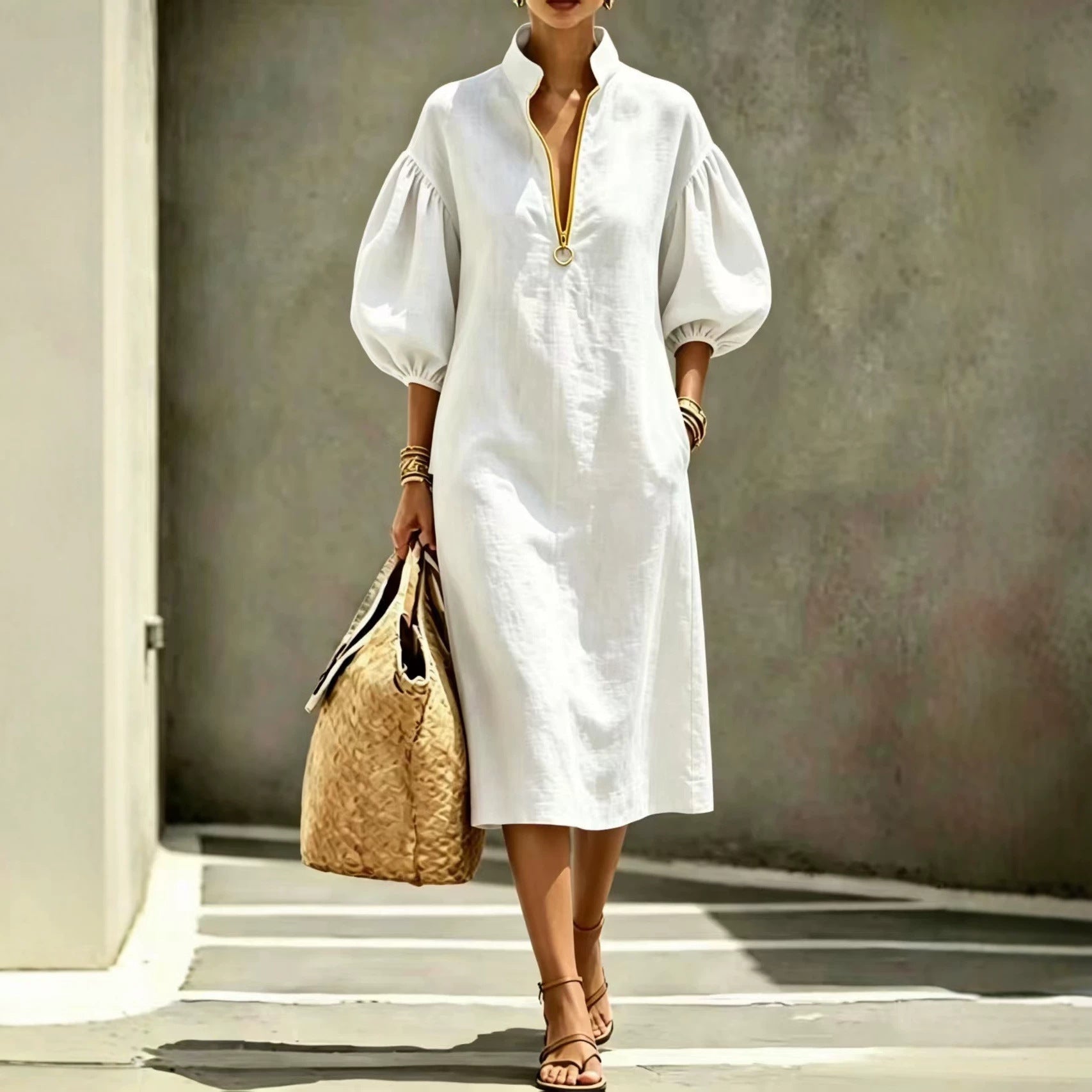 Summer Casual Loose-fit Stand-collar Puff-sleeve Dress