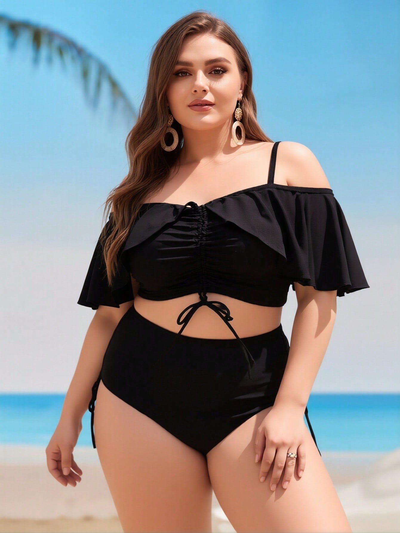 Plus Size Black Off Shoulder Bikini High Waist Drawstring Tummy Control Two…