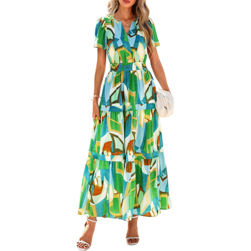 Retro Floral Short-Sleeve V-Neck Dress
