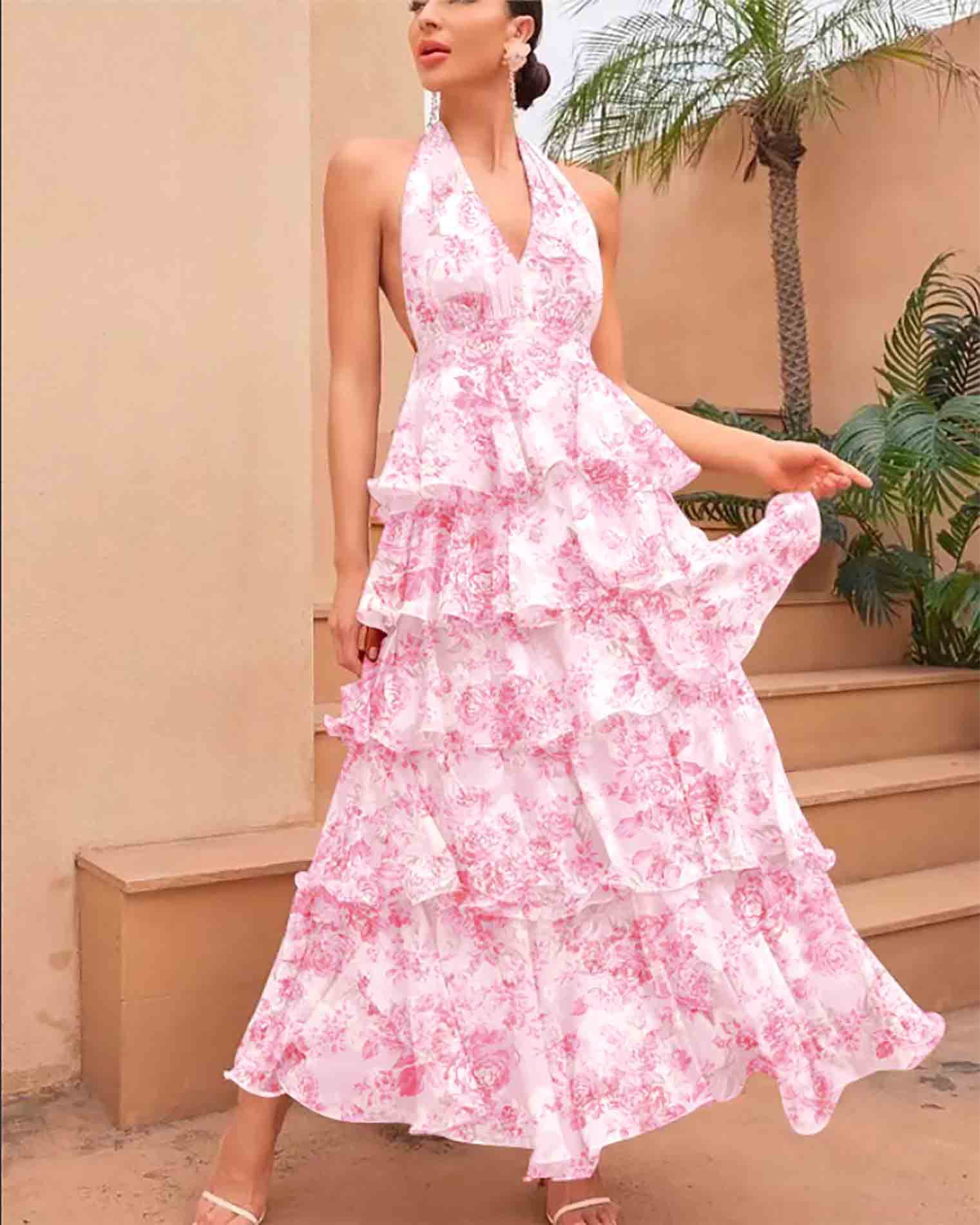 V-neck Strap Multi-layer Printed Dress