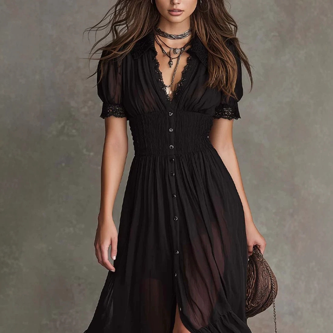Fitted-waist Ruffled-edge Chic Dark-style V-neck Blouse Dress