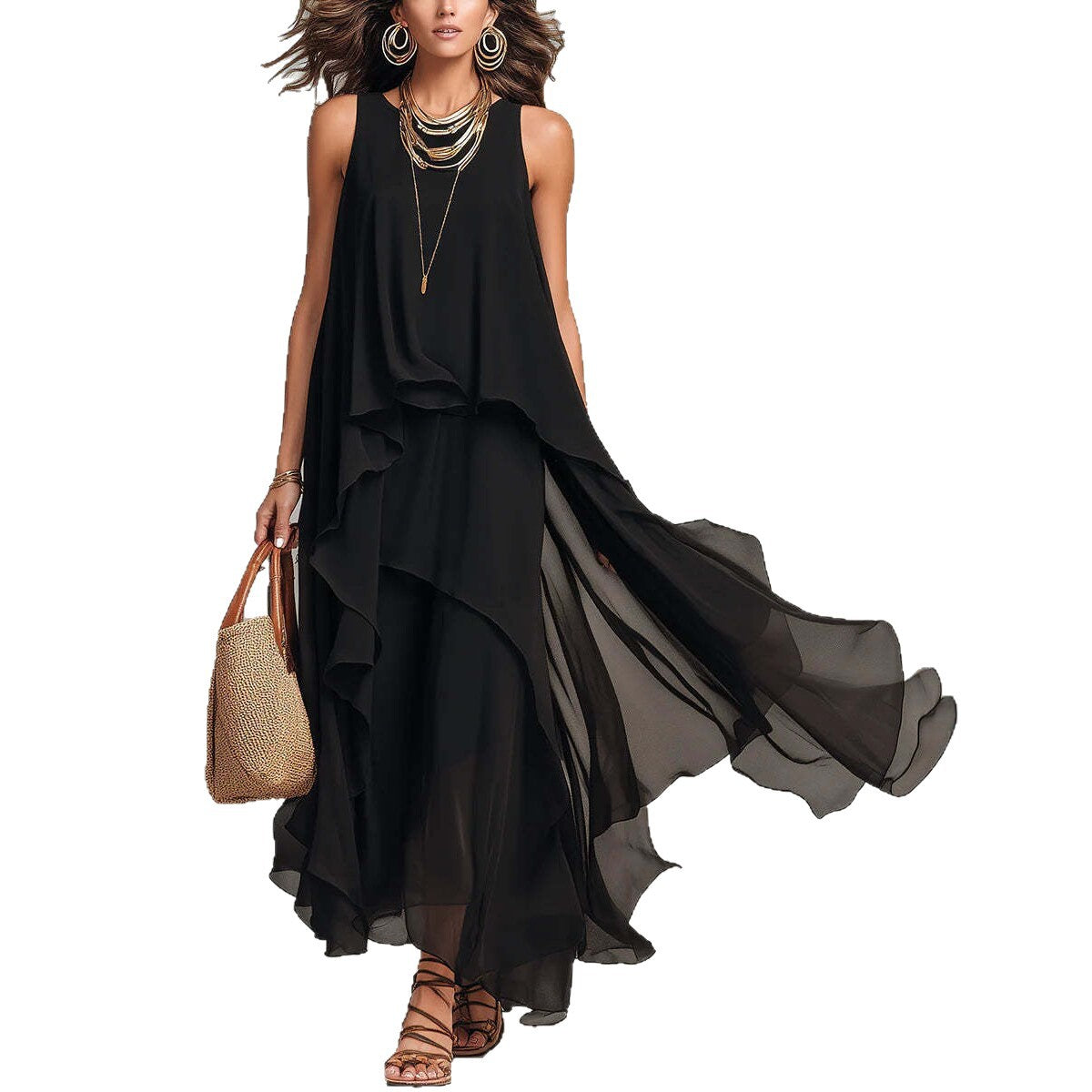 Black Sleeveless Asymmetrical Chiffon Maxi Elegant Flowing Women's Dress