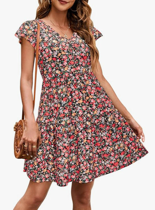 Casual V-Neck Pleated Dress