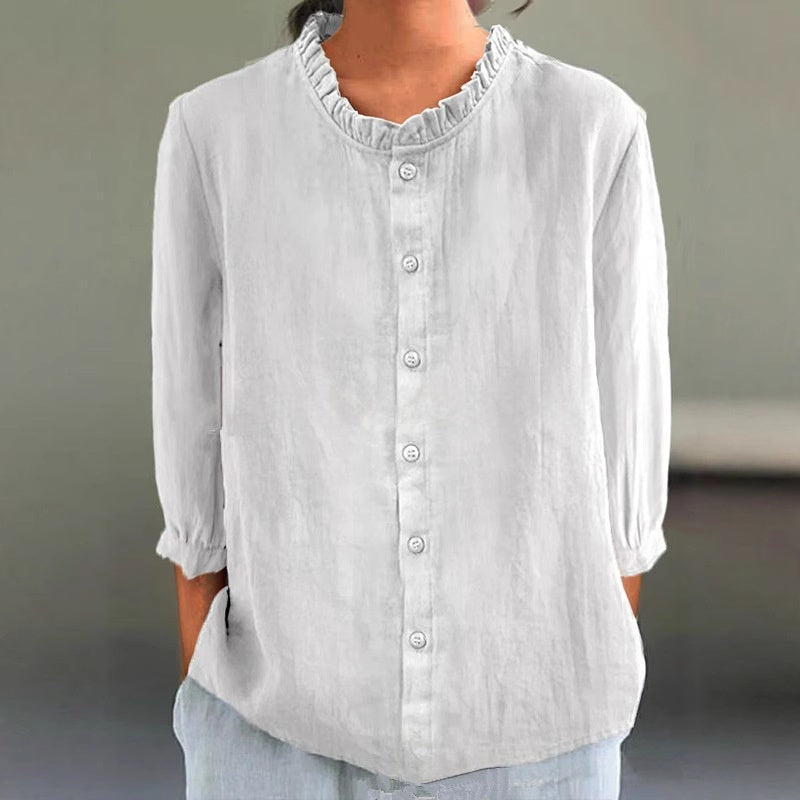 Casual Solid-Color Cotton-Linen Single-Breasted Shirt Set